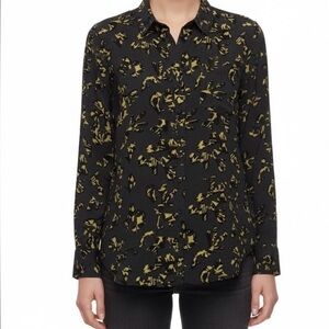 Banana Republic Gray Yellow Black Silk Blouse Top Size Medium Long Sleeve Pocket
